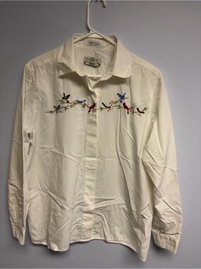 Orvis white Long-Sleeve Shirt with Colorful Bird Embroidery